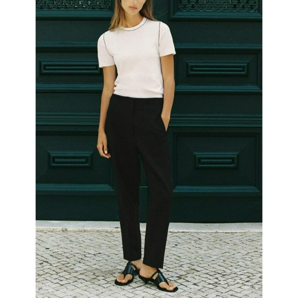 Zara Black Soft Ankle Flat Front Pockets Business Casual Pants Size Large‎